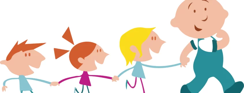 Clipart of a man walking with a group of children.