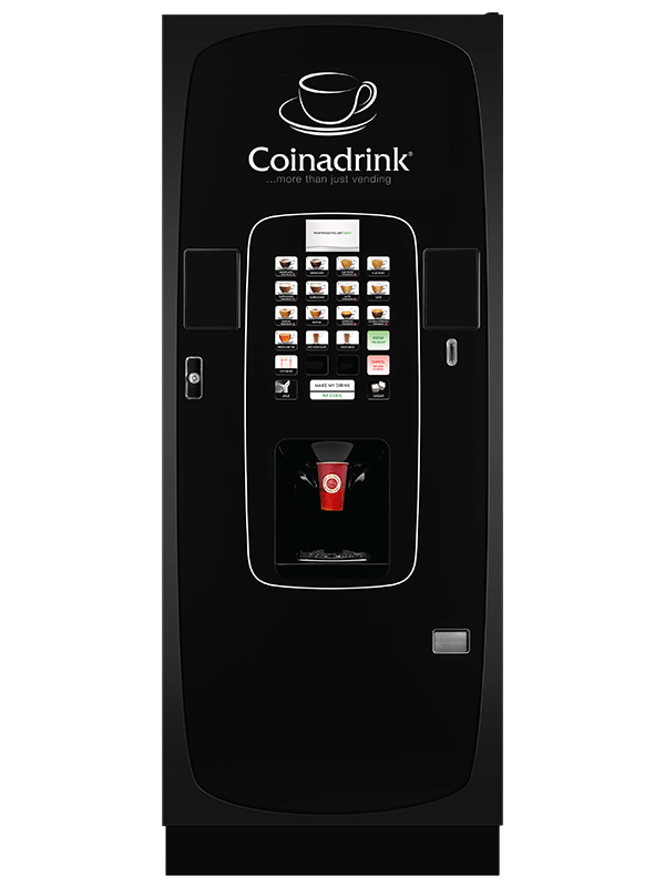 A black iconic vending machine featuring the word "Canadian drink".