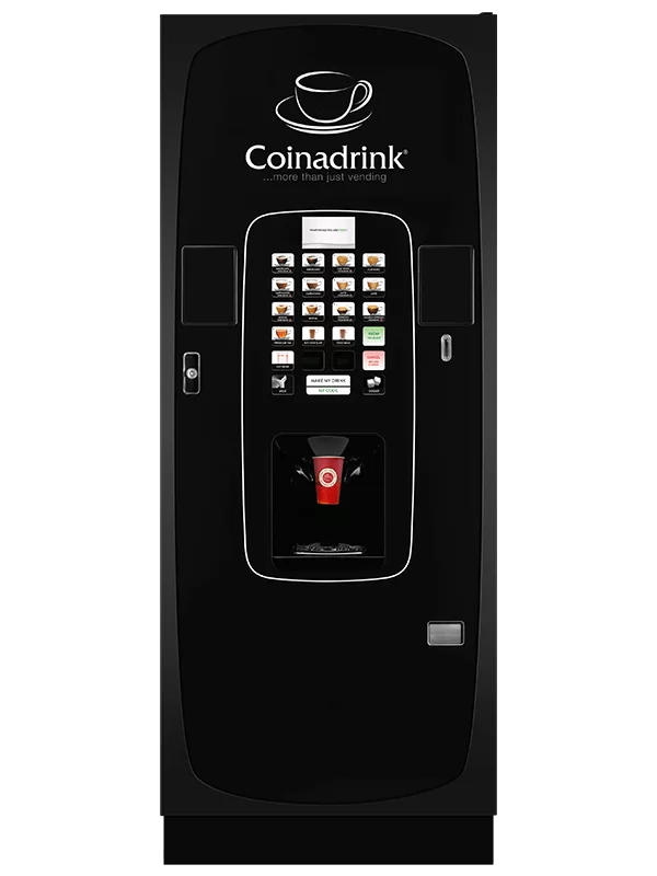A black iconic vending machine featuring the word "Canadian drink".