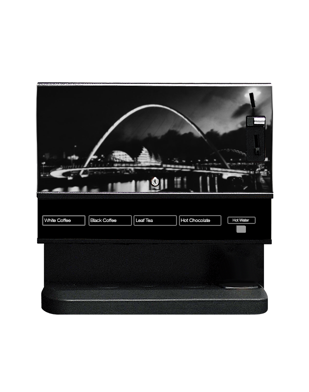 A black and white photo of a Minicup Flex coffee machine.