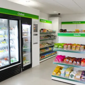 A micro market refrigerator in a store.
