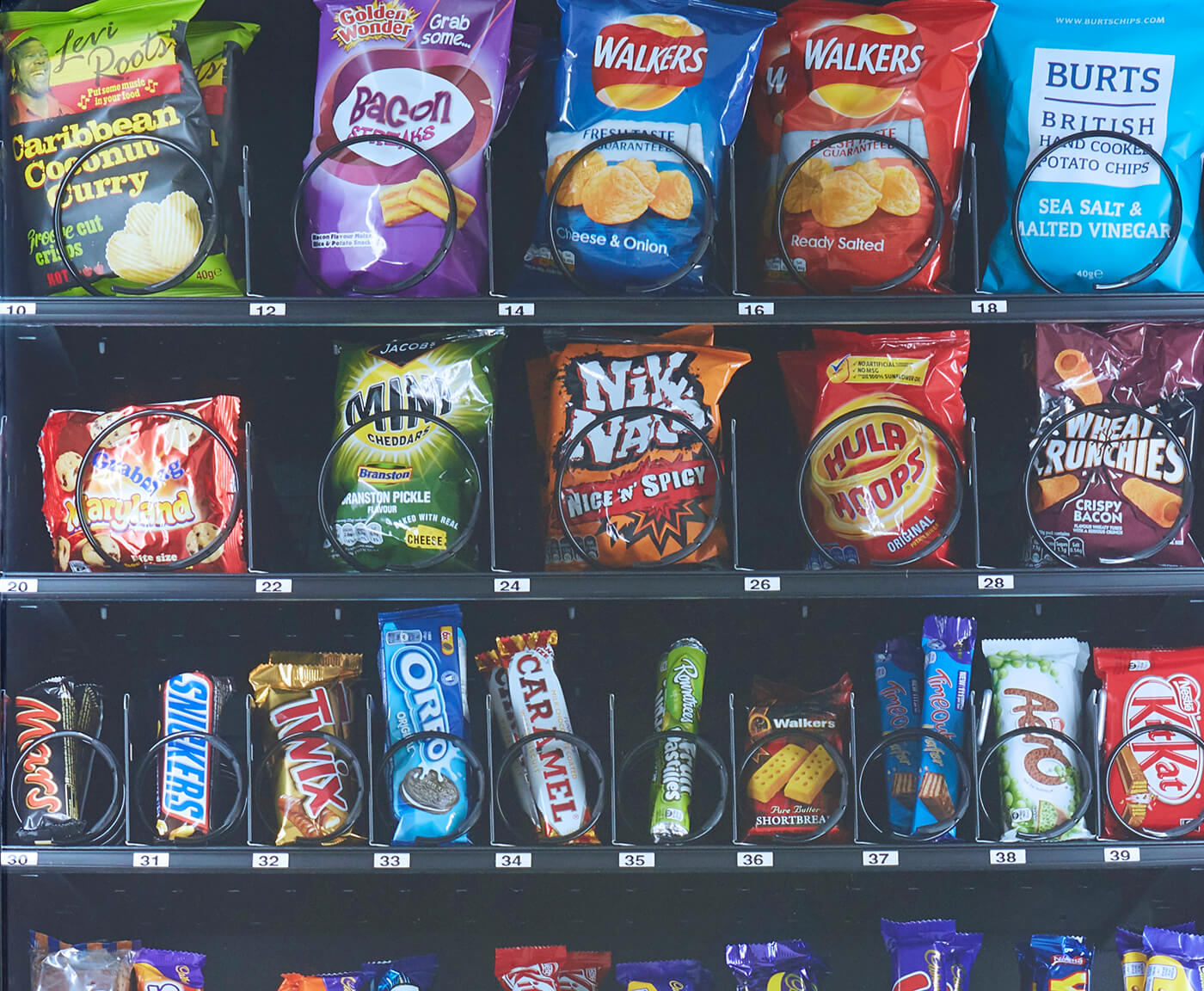 Our Machines stocked with snacks and chips.