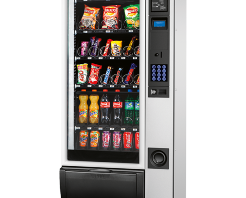 A vending machine with snacks, drinks, and a jazz-inspired theme.