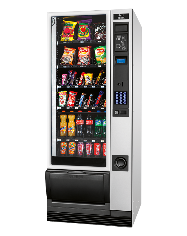 A vending machine with snacks, drinks, and a jazz-inspired theme.