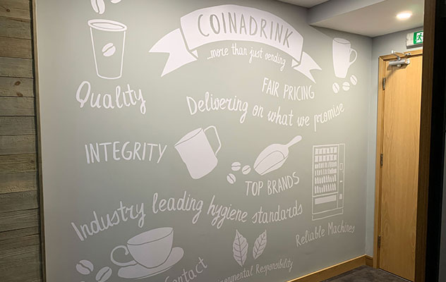 statement_hygiene A hallway with a mural of coffee and other items that adheres to hygiene standards.