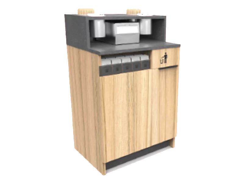 Condiment Units An image of a wooden coffee machine with a red background.