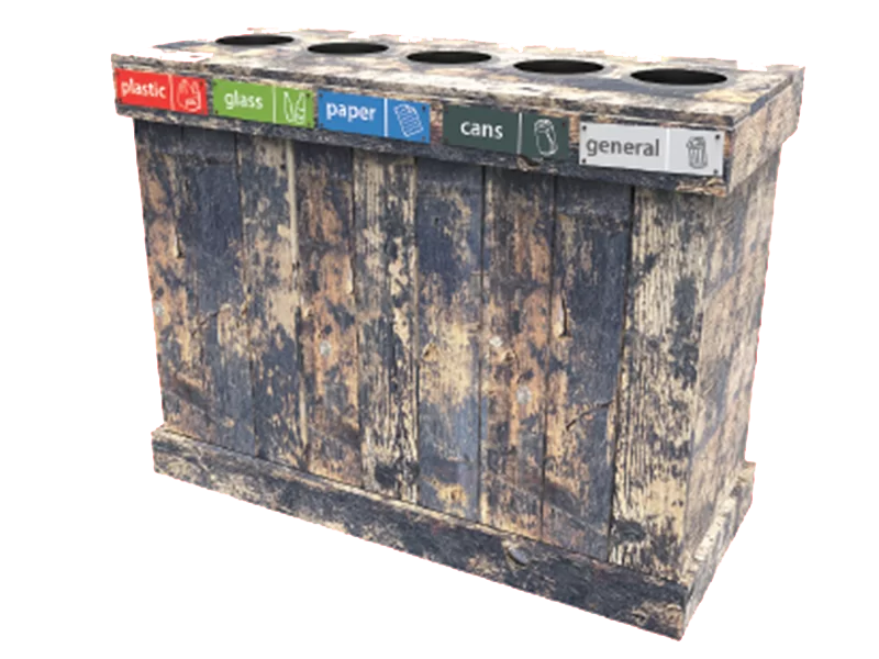 Recycling-Units A wooden trash can with a red background.