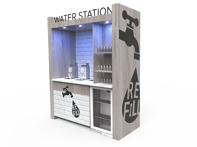 Water-Station A water station with a bottle of water and a bottle of water.