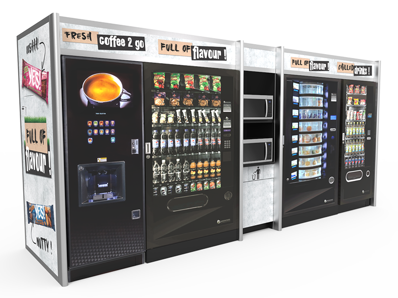 benefits A vending machine with a variety of drinks.