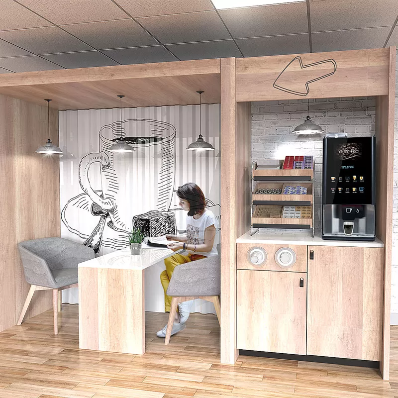 Refreshment breakout areas are one of the most popular forms of vending furniture.