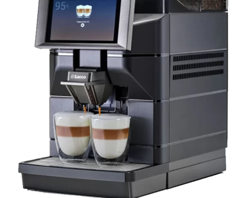 A coffee machine with two cups of coffee.