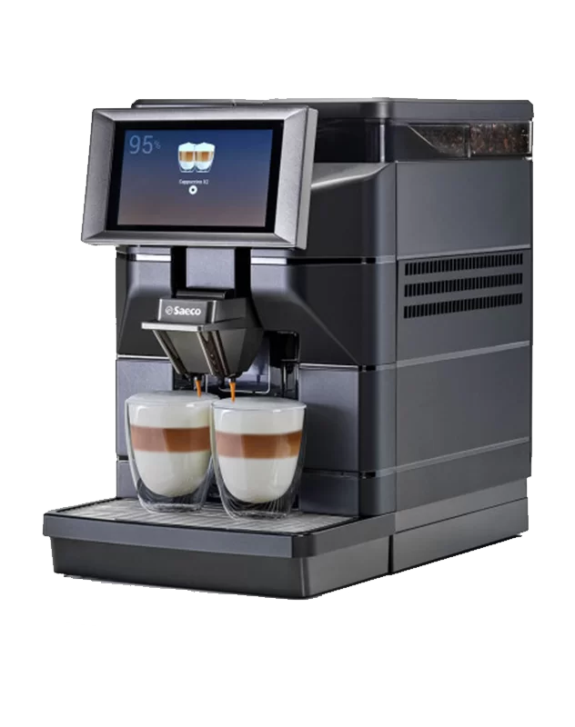 A coffee machine with two cups of coffee.