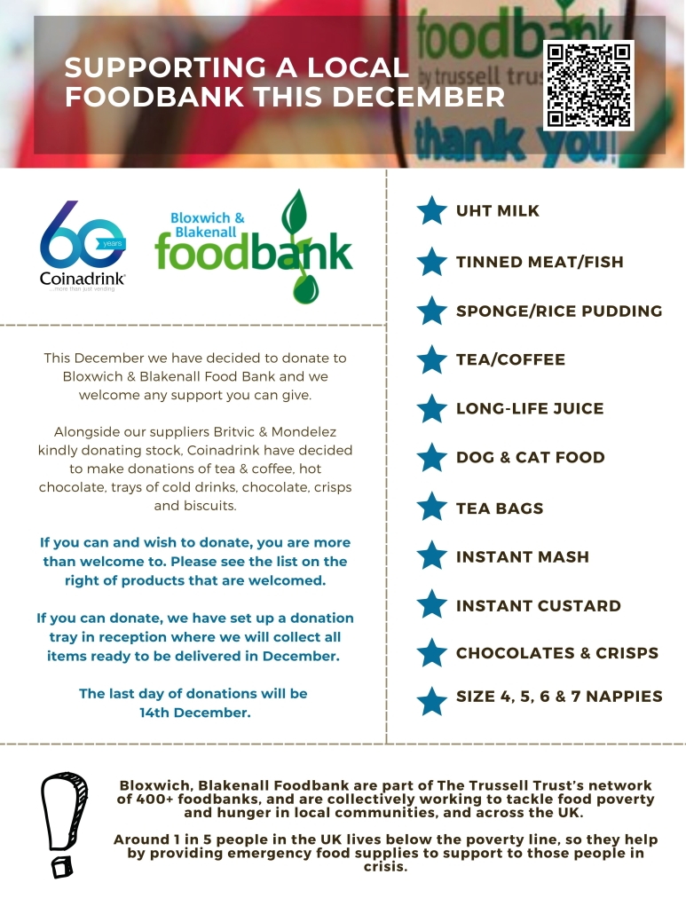 Coinadrink donation Bloxwich and Blakenall Food Bank