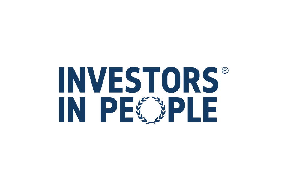 A blue and white logo on a white background.