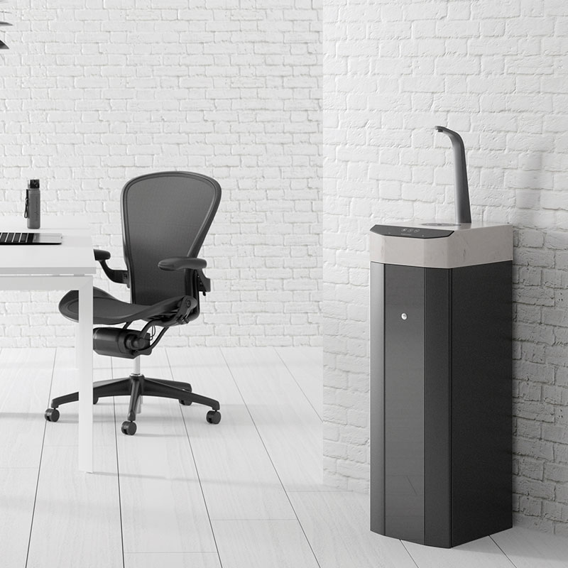 Borg-Story-4 A black and white office with a desk and chair.