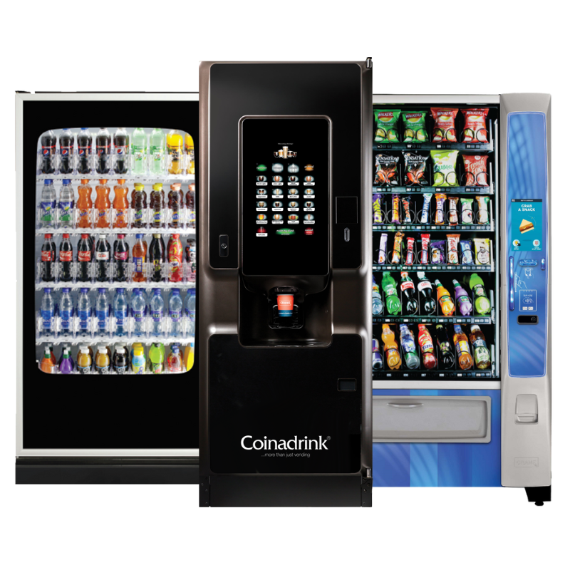Vending Machines A variety of workplace vending machines on a white background.