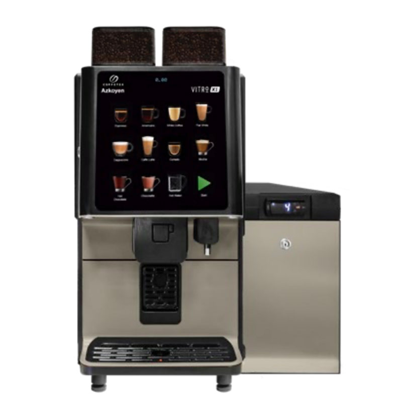 Vitro-X1-MIA-dual-coffee-hopper A coffee machine with two cups of coffee.