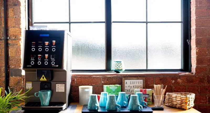 A designated, well-designed space for a commercial coffee machine delivers a nice space for a well-deserved break.