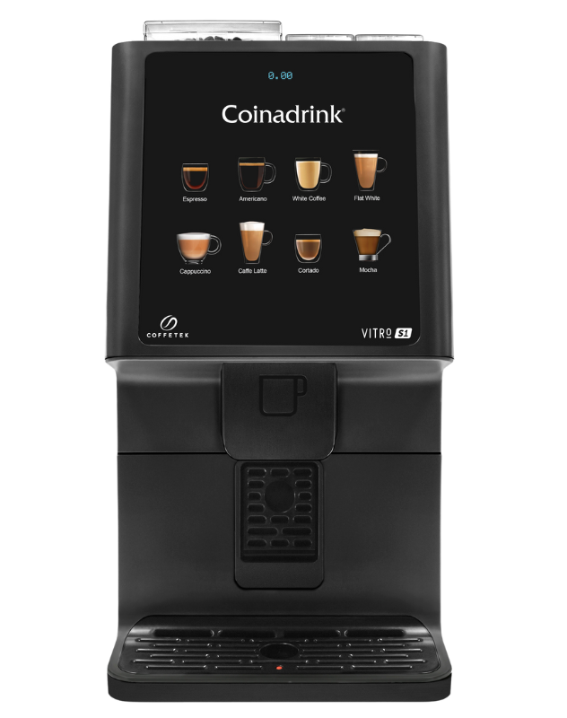 The Vitro S1 Evo coffee machine is available to buy or rent from Coinadrink.