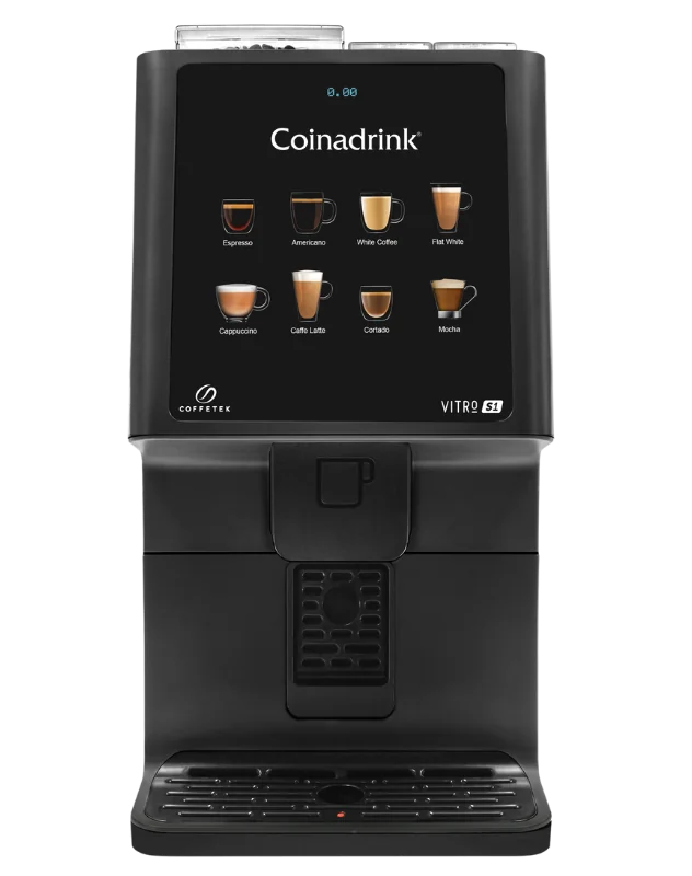 The Vitro S1 Evo coffee machine is available to buy or rent from Coinadrink.