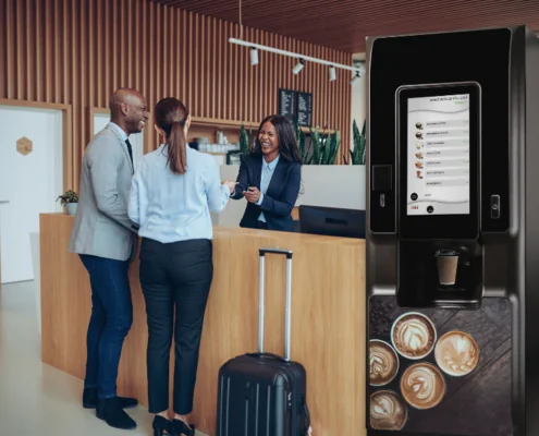 The Coti hot drinks vending machine is a common site in hotels, where premium tea and coffee welcomes guests into reception and lobby areas.