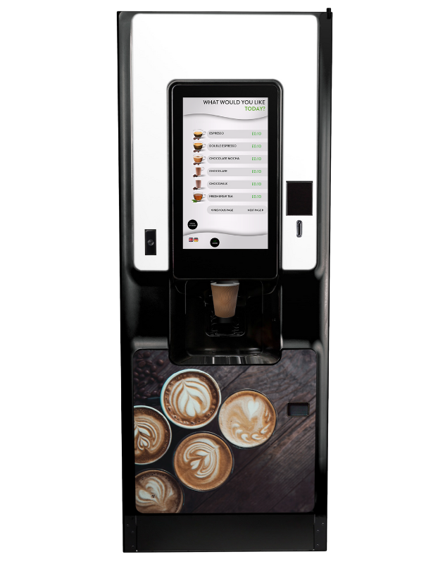 Experience a 21" full HD touchscreen with the Coti hot drinks vending machine, available to buy or rent from Coinadrink with an optional fully managed service.