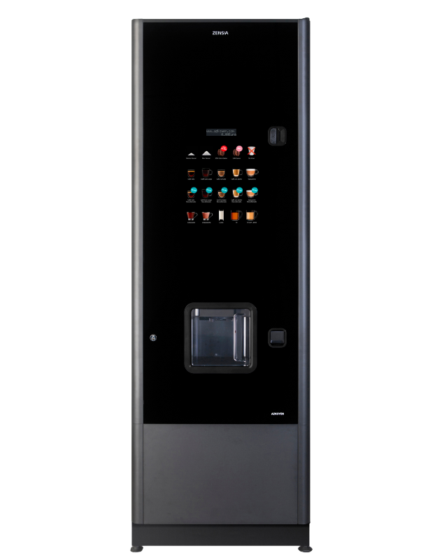 The Zensia is a high-capacity hot drinks vending machine that offers fresh bean coffee and fresh leaf tea.