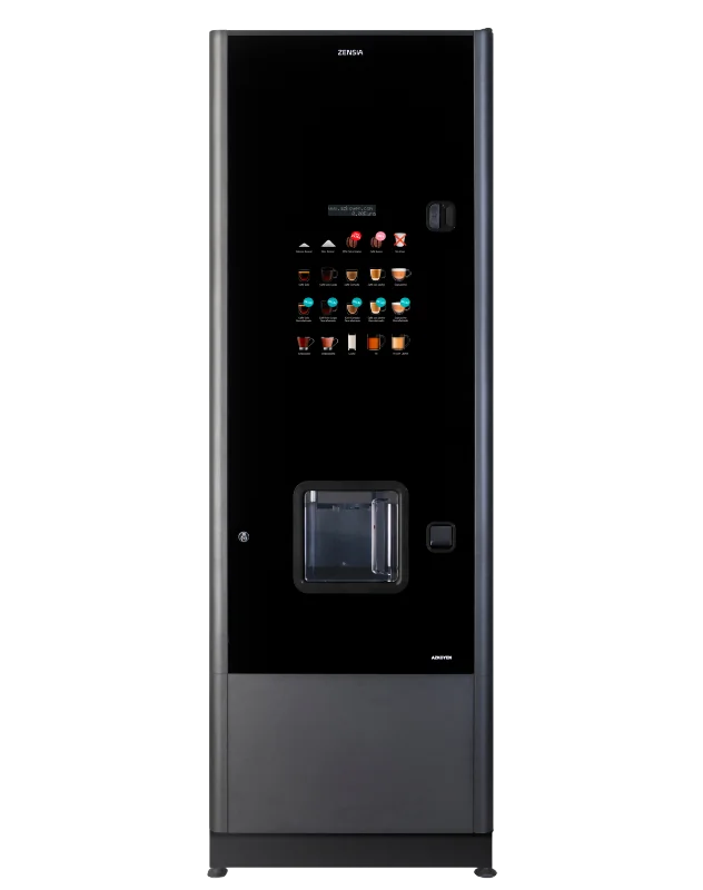 The Zensia is a high-capacity hot drinks vending machine that offers fresh bean coffee and fresh leaf tea.