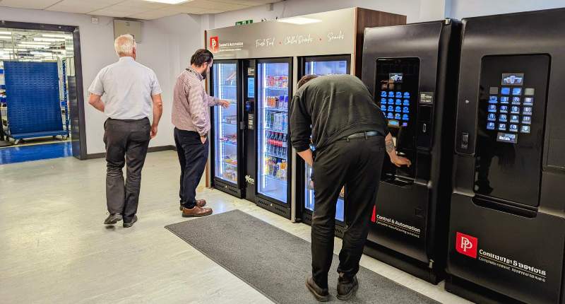Today, PP Control and Automation enjoy more than just factory vending machines. Their setup consists of commercial coffee machines, water coolers and a grand three-unit smart fridge supplying fresh food, snacks and cold drinks.