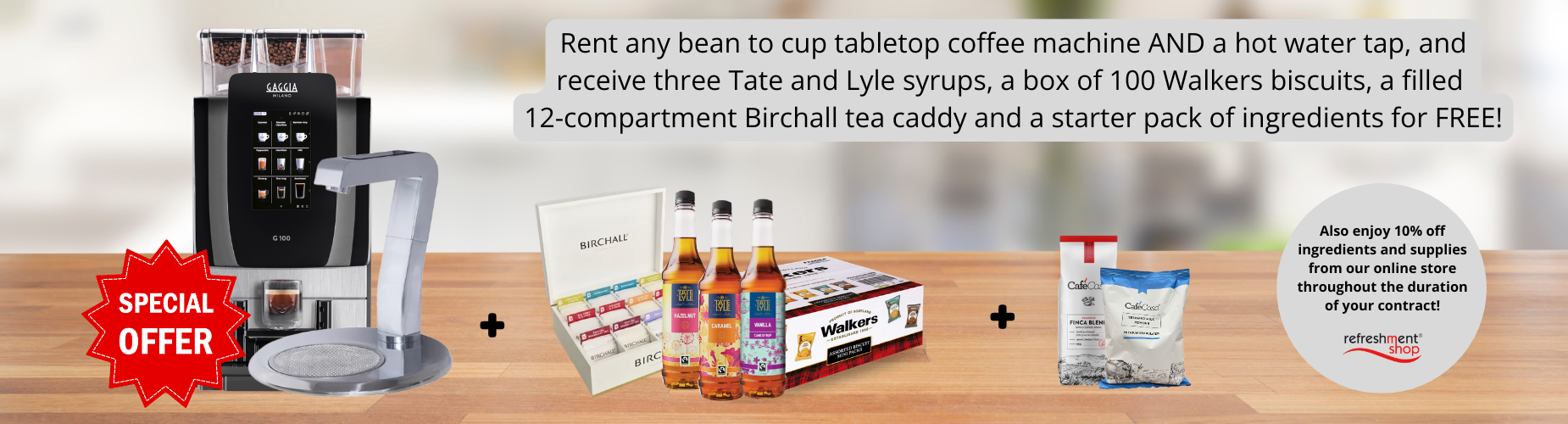Explore our special offer on bean to cup tabletop coffee machines and hot water taps for your workplace.