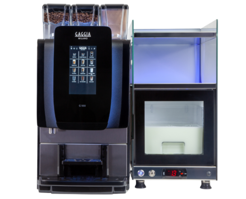 The Gaggia G100 Fresh Milk tabletop coffee machine is available with a larger 4 litre fridge for higher capacity fresh milk beverages