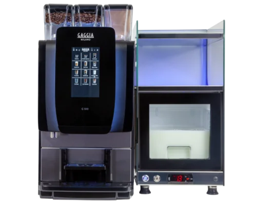 The Gaggia G100 Fresh Milk tabletop coffee machine is available with a larger 4 litre fridge for higher capacity fresh milk beverages